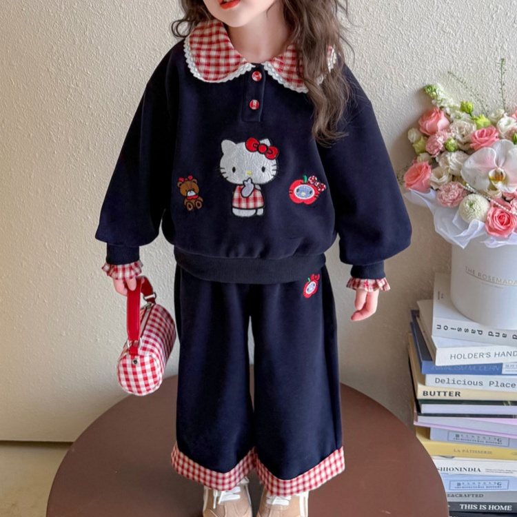 All-Season Sweet & Cute Autumn 2-Piece Girls' Pants Suit, Ages 2-9 | Color: Navy | Image 3