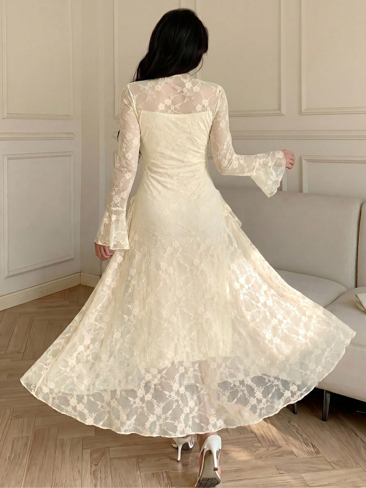 Elegant All-Season Lace Dress | Color: Apricot | Image 1