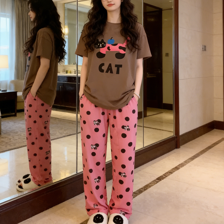 Sweet Feminine Summer 2 Pcs Women 's Short  Sleeve Sleep Set | Color: Style 4 | Image 1