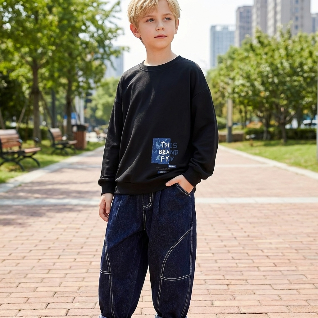 Minimalist Autumn Boys' Sweatshirt, Ages 2-13 | Color: Black | Image 2