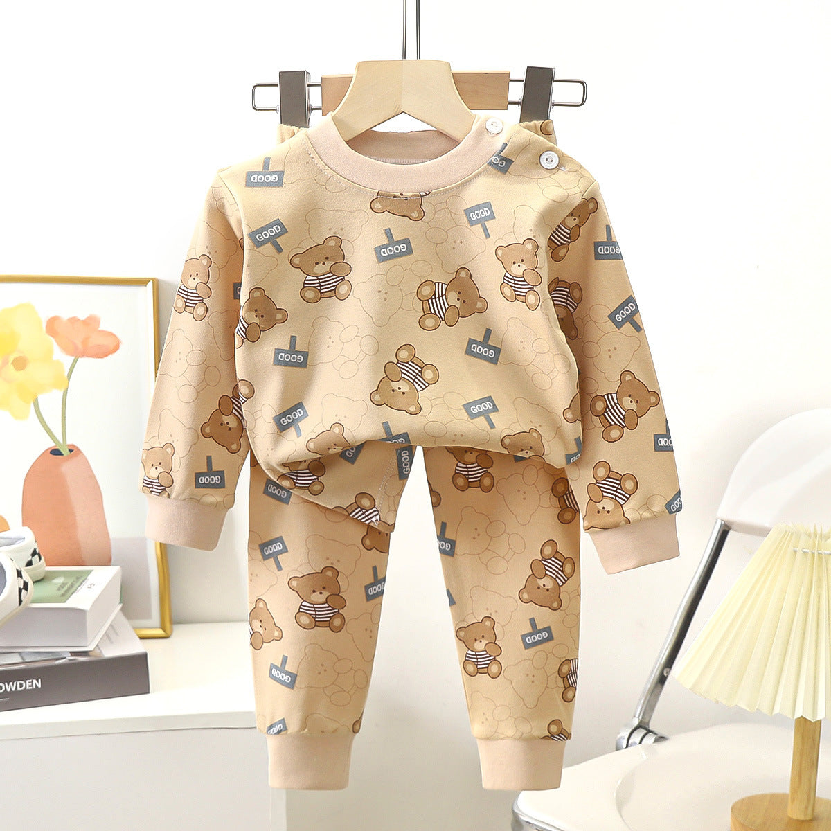 Minimalist Autumn 2-Piece Baby Boys' Pajama Set, Ages 6-24 Months | Color: Khaki | Image 1