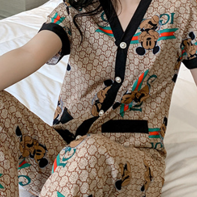 Modern Chic All-Season Minimalist Summer 2 Pcs Women 's Short  Sleeve Night Set | Color: Gold | Image 2