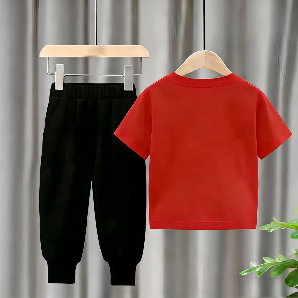 Modern Chic All-Season Casual Sporty Summer 2-Piece Unisex Kids' Pants Suit, Ages 2-13 | Color: Red | Image 2