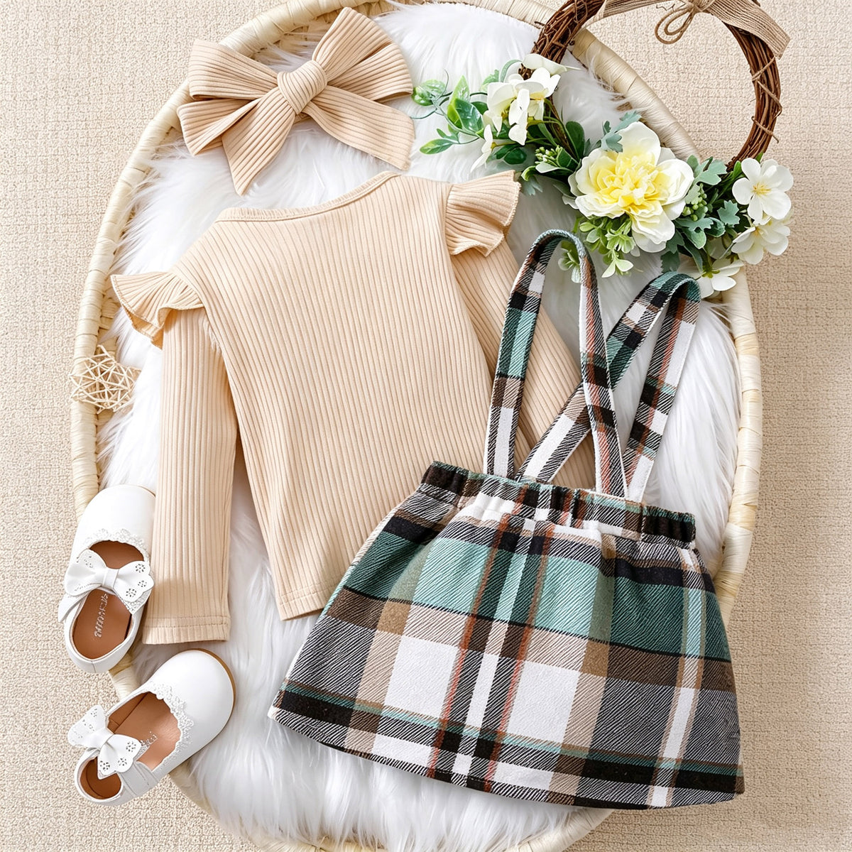 Preppy Autumn 3-Piece Baby Girls' Dress Suit, Ages 0-24 Months | Color: Khaki | Image 3