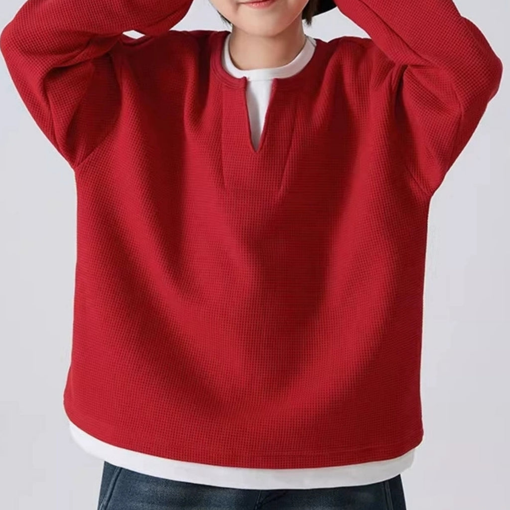 Modern Chic All-Season Minimalist Spring Boys' Sweatshirt, Ages 4-14 | Color: Red | Image 3