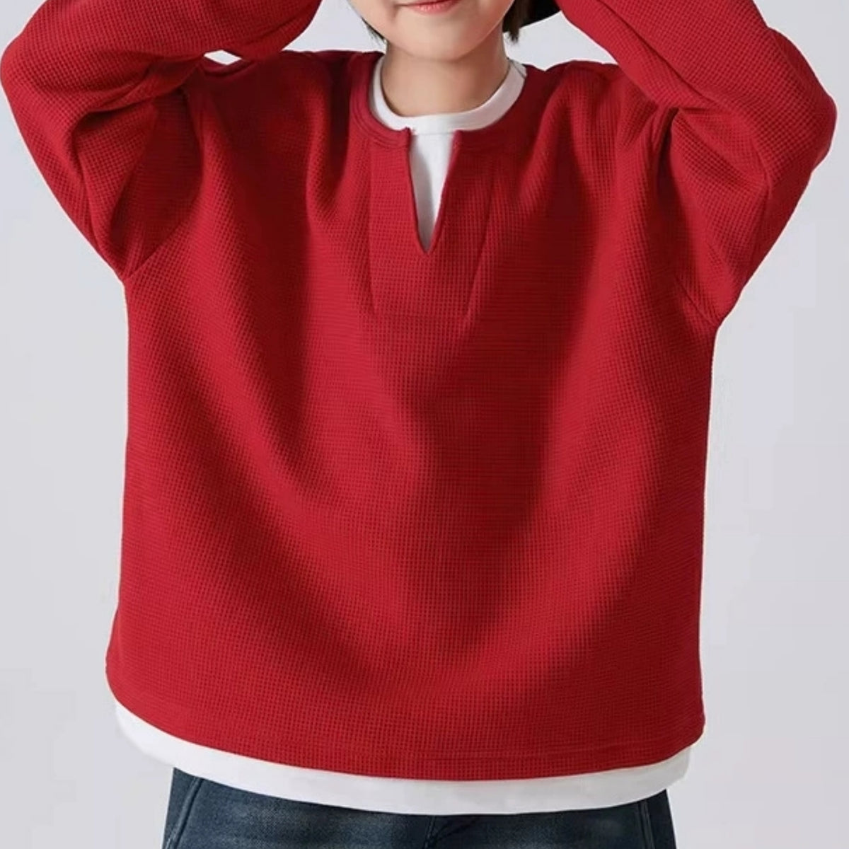 Modern Chic All-Season Minimalist Spring Boys' Sweatshirt, Ages 4-14 | Color: Red | Image 3