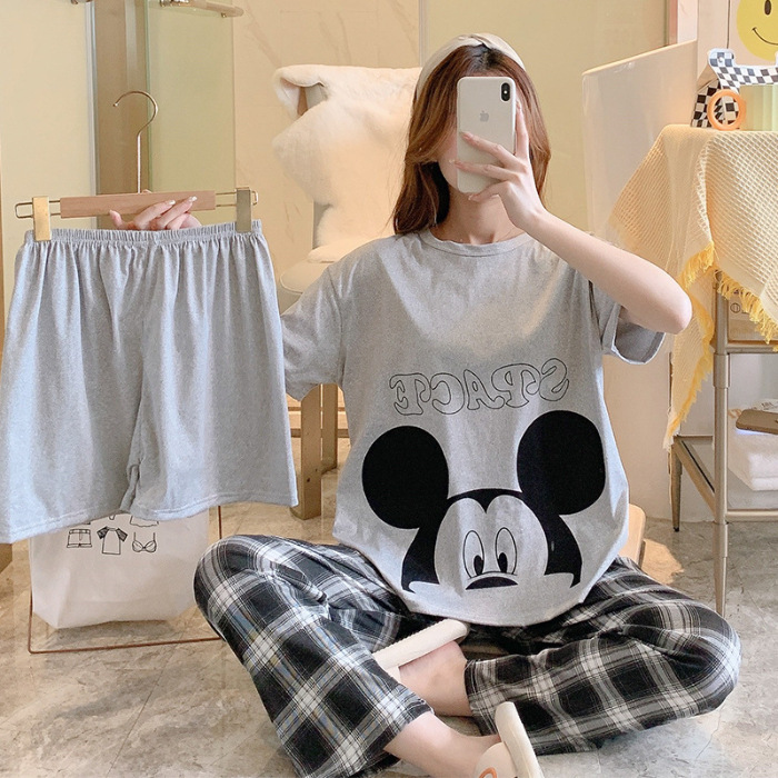 Minimalist Summer 3 Pcs Women 's Short  Sleeve Sleep Set | Color: Grey | Image 1