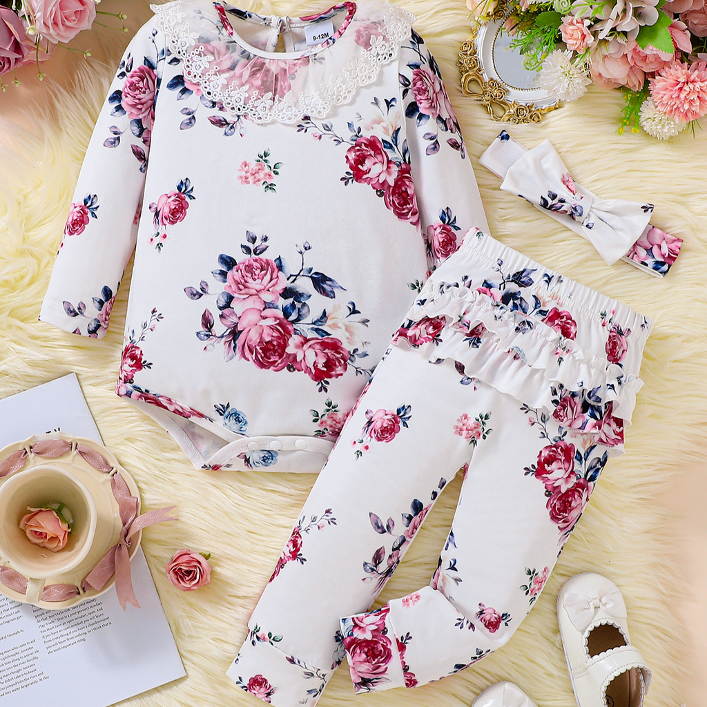 Casual Sporty Autumn 3-Piece Baby Girls' Pants Suit, Ages 0-6 Months | Color: White | Image 1