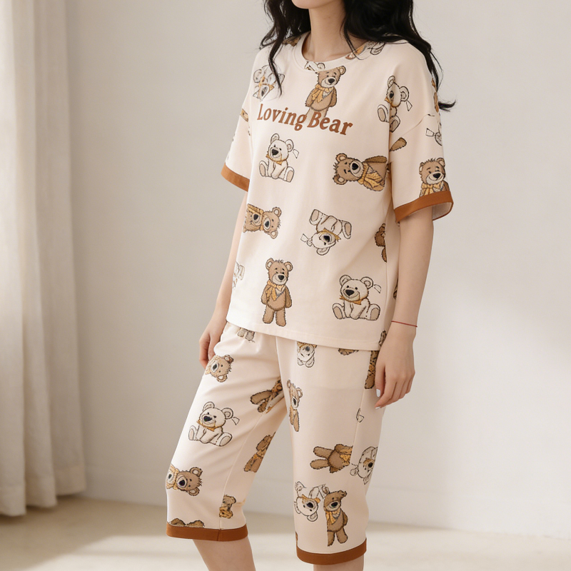 Modern Chic All-Season Minimalist Summer 2 Pcs Women 's Short  Sleeve Sleep Set | Color: Light Nude | Image 3