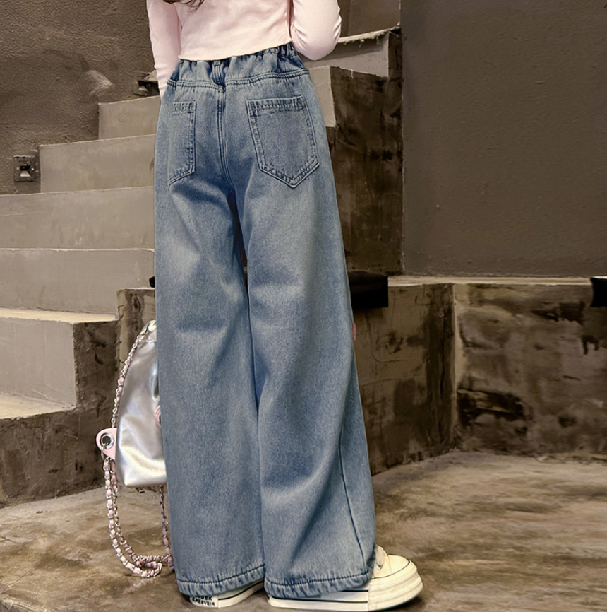 Modern Chic All-Season Casual Sporty Autumn Girls' Jeans, Ages 4-14 | Color: Blue | Image 2