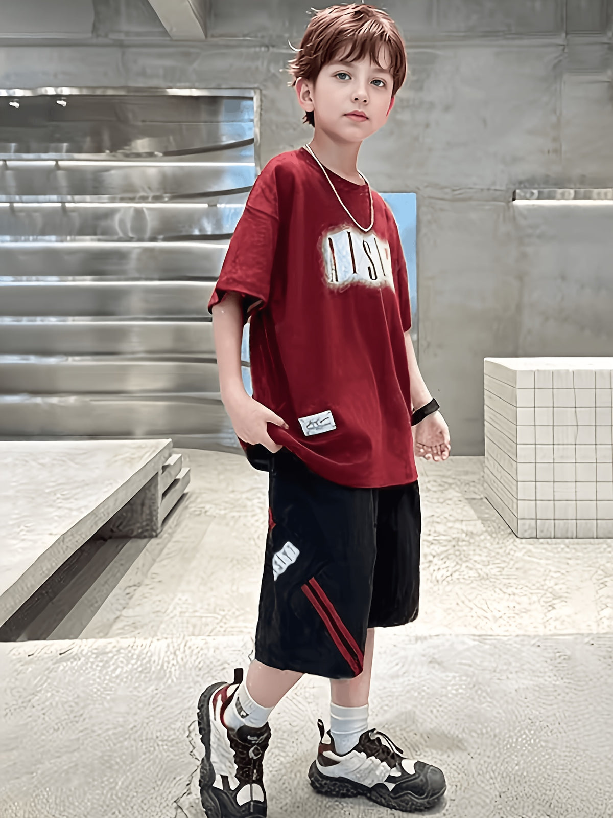 Casual Sporty Summer 2-Piece Boys' Pants Suit, Ages 4-11 | Color: Red | Image 2