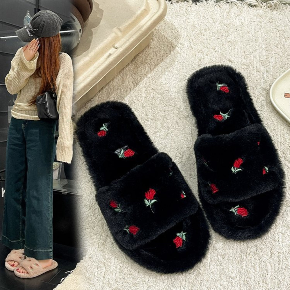 Modern Chic All-Season Cloth / Textile Women's Home Slippers | Color: Black | Image 1