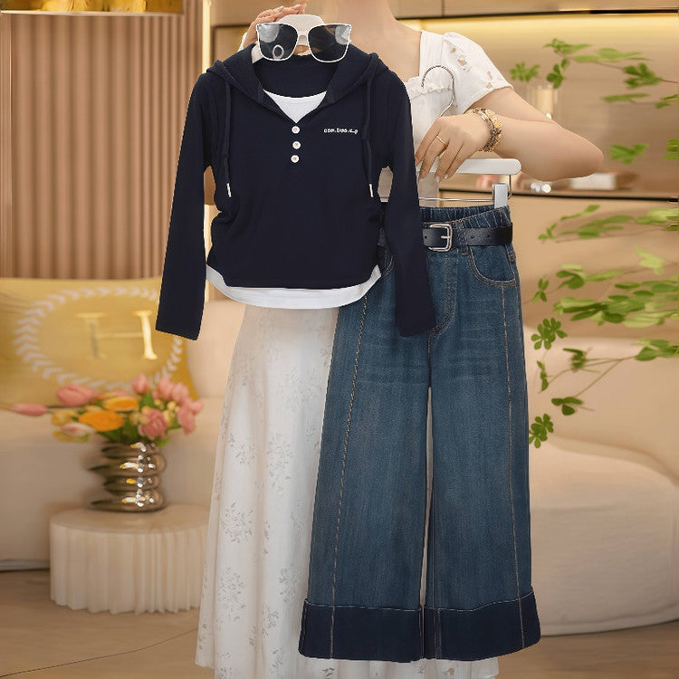 Casual Sporty Autumn 2-Piece Girls' Pants Suit, Ages 4-14 | Color: Navy | Image 1