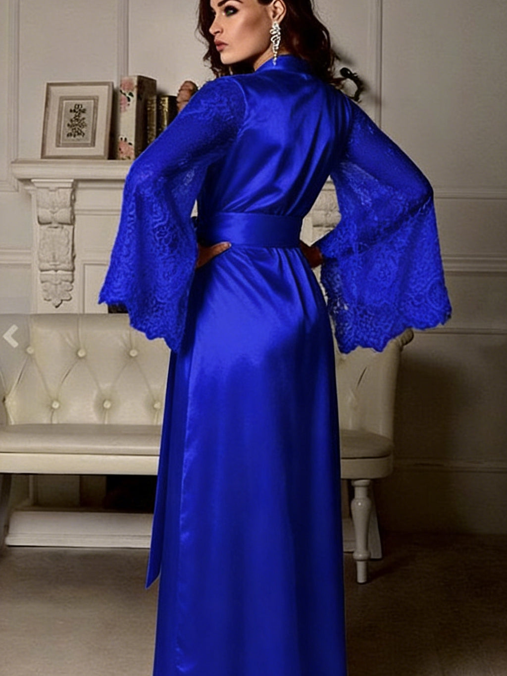 Minimalist All-Season Women 's Long Sleeve Night Robe | Color: Sapphire blue | Image 3