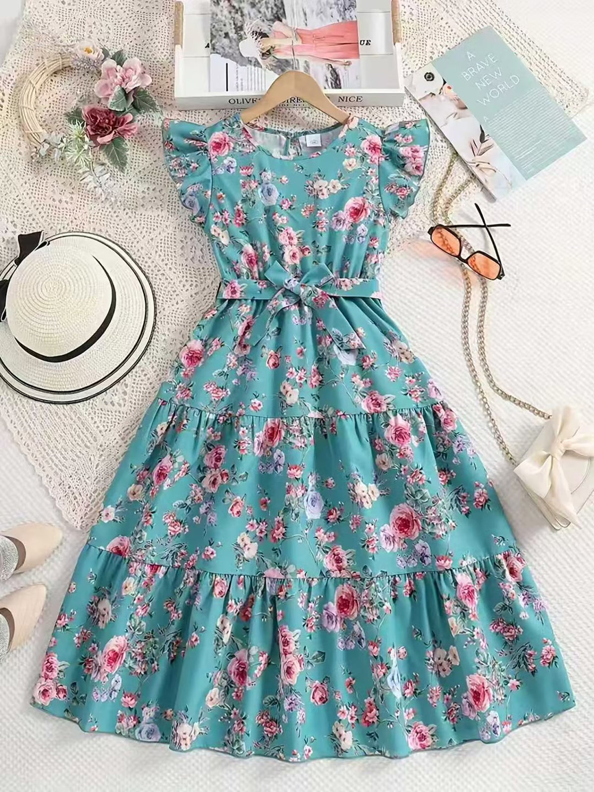 Sweet & Cute Summer Girls' A-Line Dress, Ages 8-10 | Color: Lake Blue | Image 1
