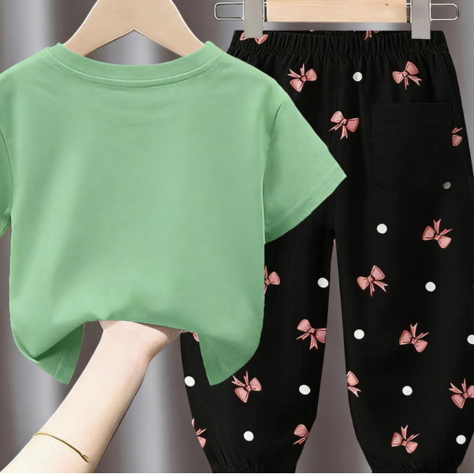 Minimalist Summer 2-Piece Unisex Kids' Pants Suit, Ages 2-7 | Color: Green | Image 3