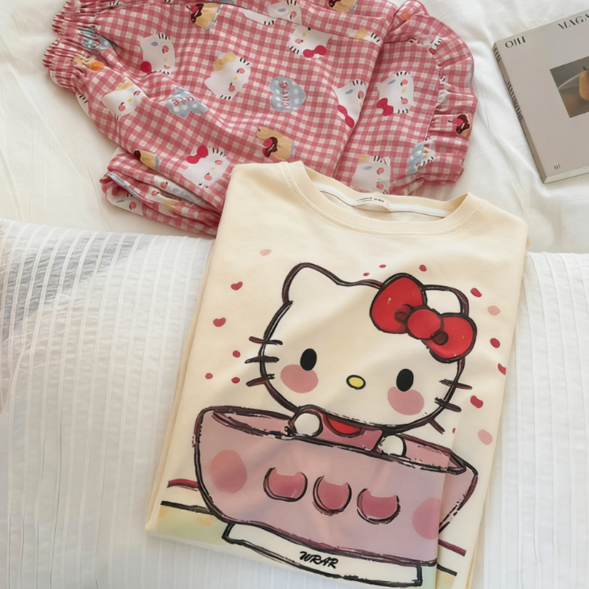 Modern Chic All-Season Sweet Feminine Summer 2 Pcs Women 's Short  Sleeve Sleep Set | Color: Style 1 | Image 2