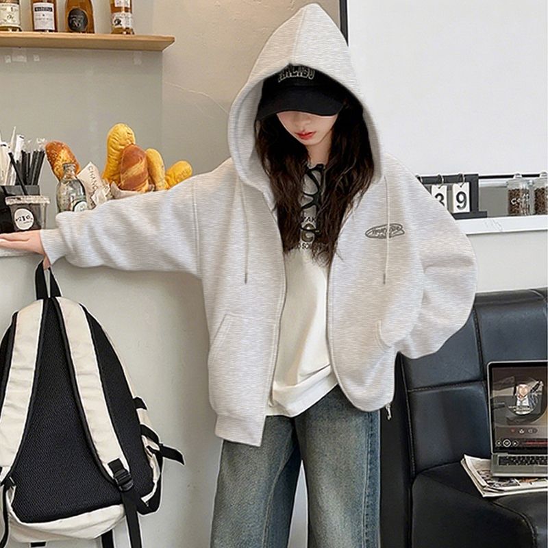 Modern Chic All-Season Minimalist Autumn Girls' Baseball Jacket, Ages 4-14 | Color: Grey | Image 1