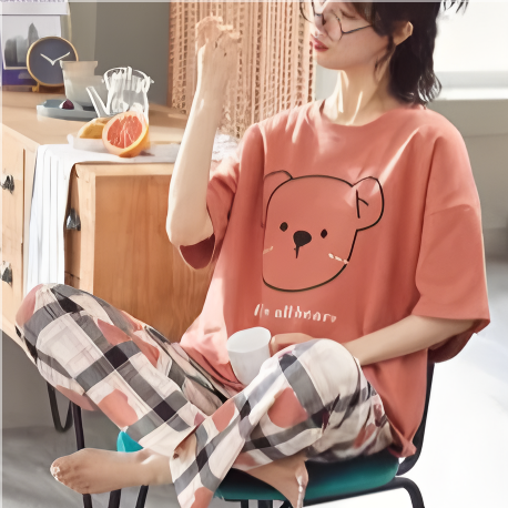 Modern Chic All-Season Sweet Feminine Summer 2 Pcs Women 's Short  Sleeve Sleep Set | Color: Style 4 | Image 1