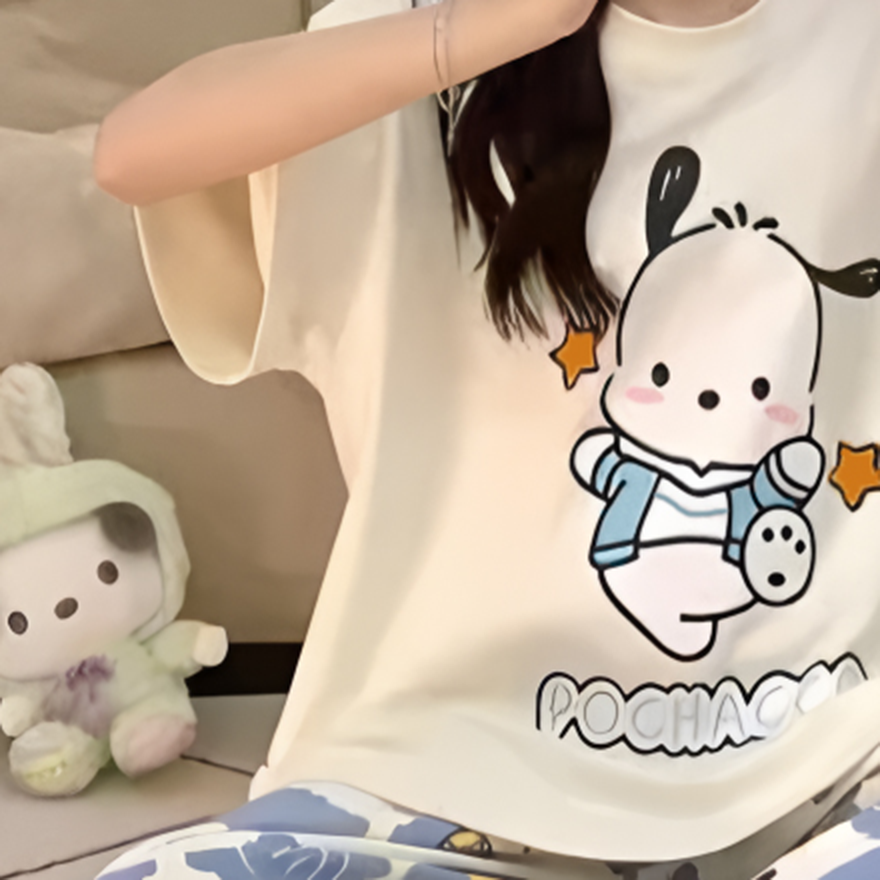 Modern Chic All-Season Sweet Feminine Summer 2 Pcs Women 's Short  Sleeve Sleep Set | Color: Style 1 | Image 2