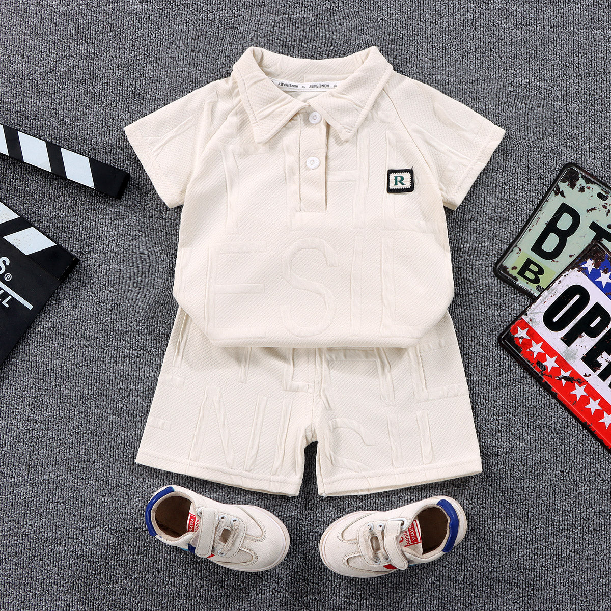 Modern Chic All-Season Minimalist Summer 2-Piece Boys' Pants Suit, Ages 1-6 | Color: Beige | Image 1