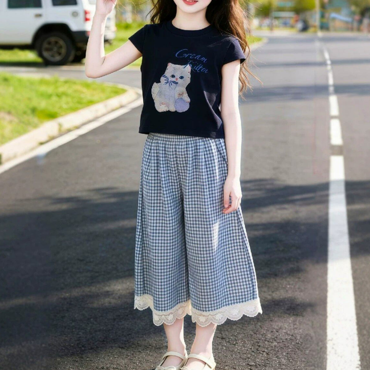 Casual Sporty Summer 2-Piece Girls' Pants Suit, Ages 4-14 | Color: Black | Image 3