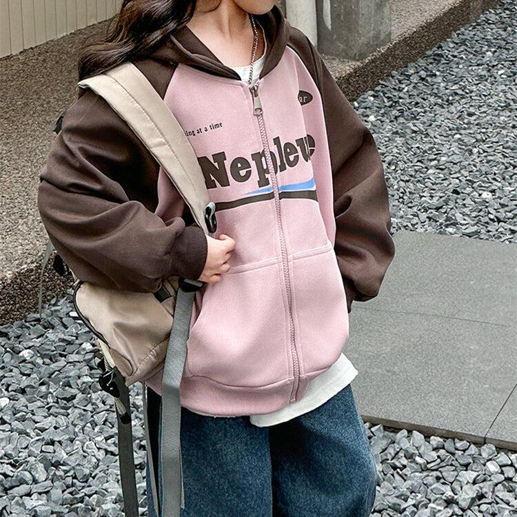 Casual Sporty Spring Girls' Baseball Jacket, Ages 4-14 | Color: Coffee | Image 1