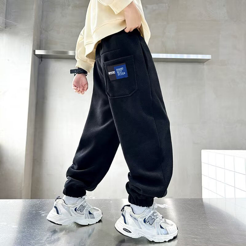Modern Chic All-Season Minimalist Autumn Boys' Casual Pants, Ages 4-14 | Color: Black | Image 1