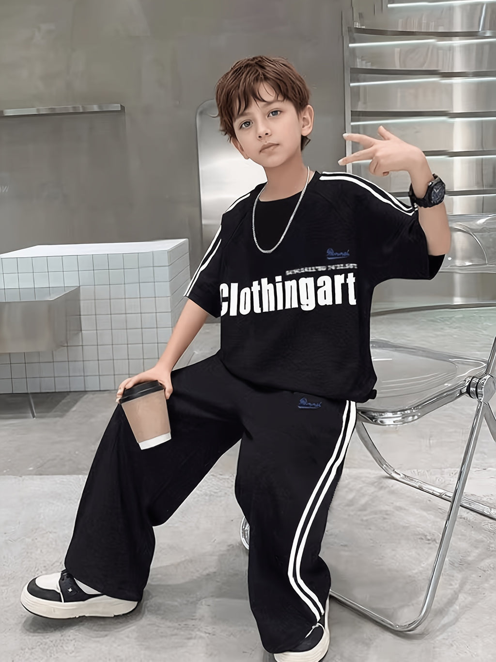 Modern Chic All-Season Casual Sporty Summer 2-Piece Boys' Pants Suit, Ages 4-14 | Color: Black | Image 1