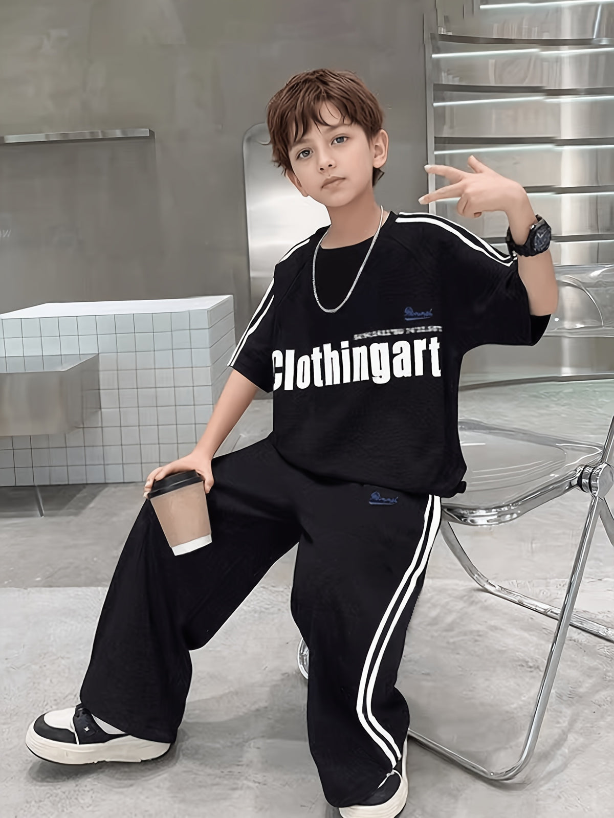 Modern Chic All-Season Casual Sporty Summer 2-Piece Boys' Pants Suit, Ages 4-14 | Color: Black | Image 1