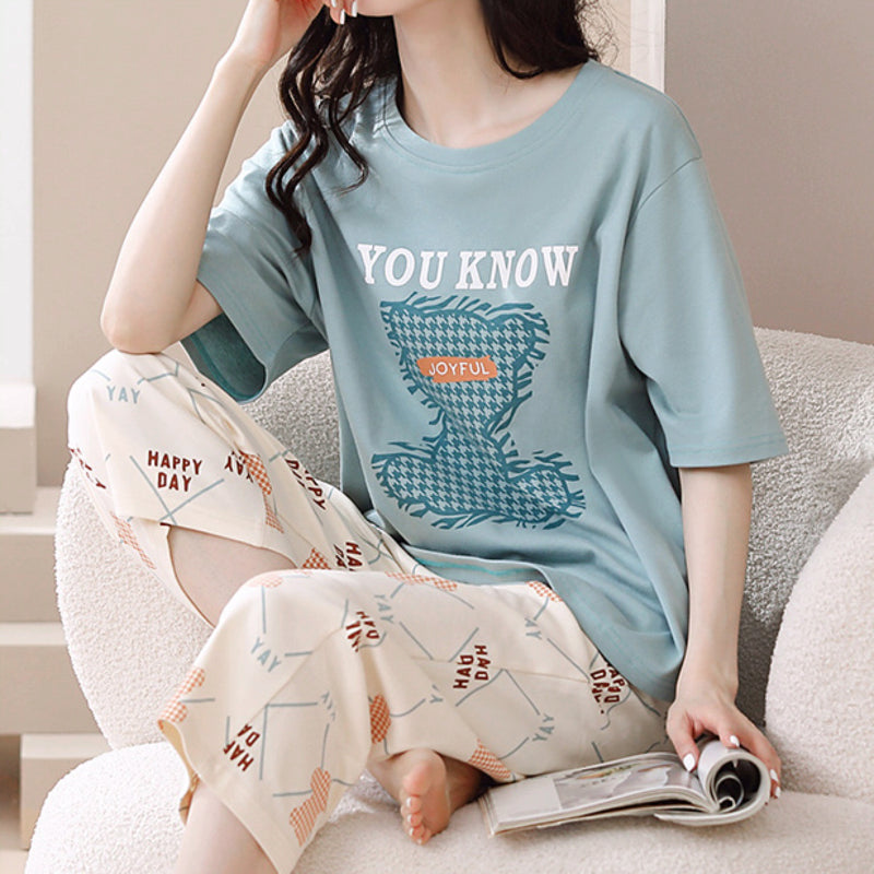 Minimalist Summer 2 Pcs Women 's Short  Sleeve Sleep Set | Color: Light Blue & Light Pink | Image 2