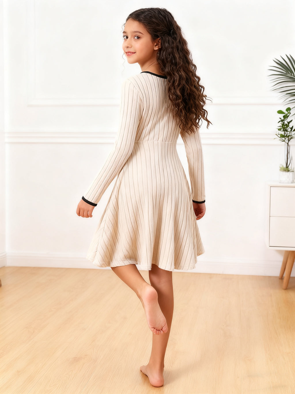Minimalist Autumn Girls' A-Line Dress, Ages 4-11 | Color: White | Image 2