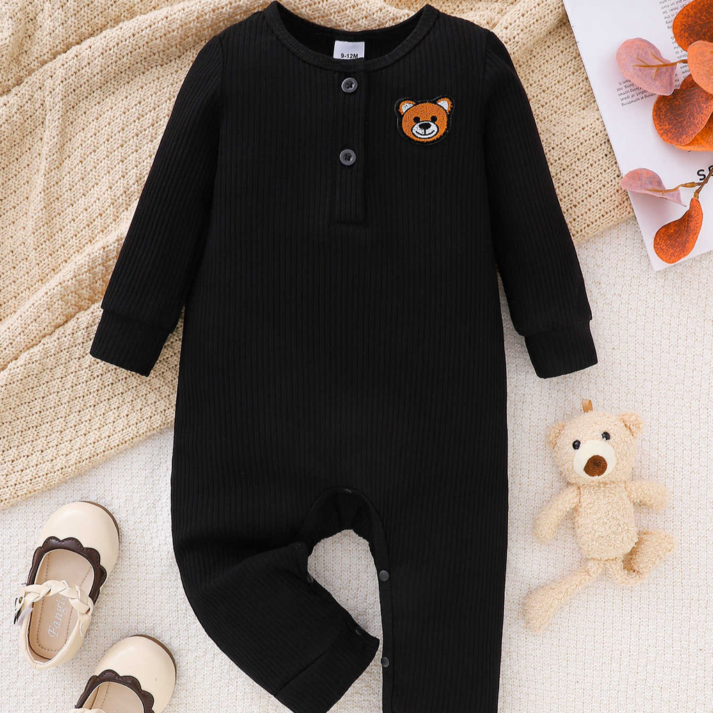 Minimalist Autumn Unisex Baby Jumpsuit, Ages 0-6 Months | Color: Black | Image 1