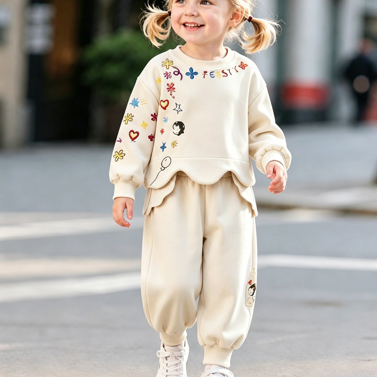 Minimalist Autumn 2-Piece Girls' Pants Suit, Ages 2-9 | Color: Beige | Image 1
