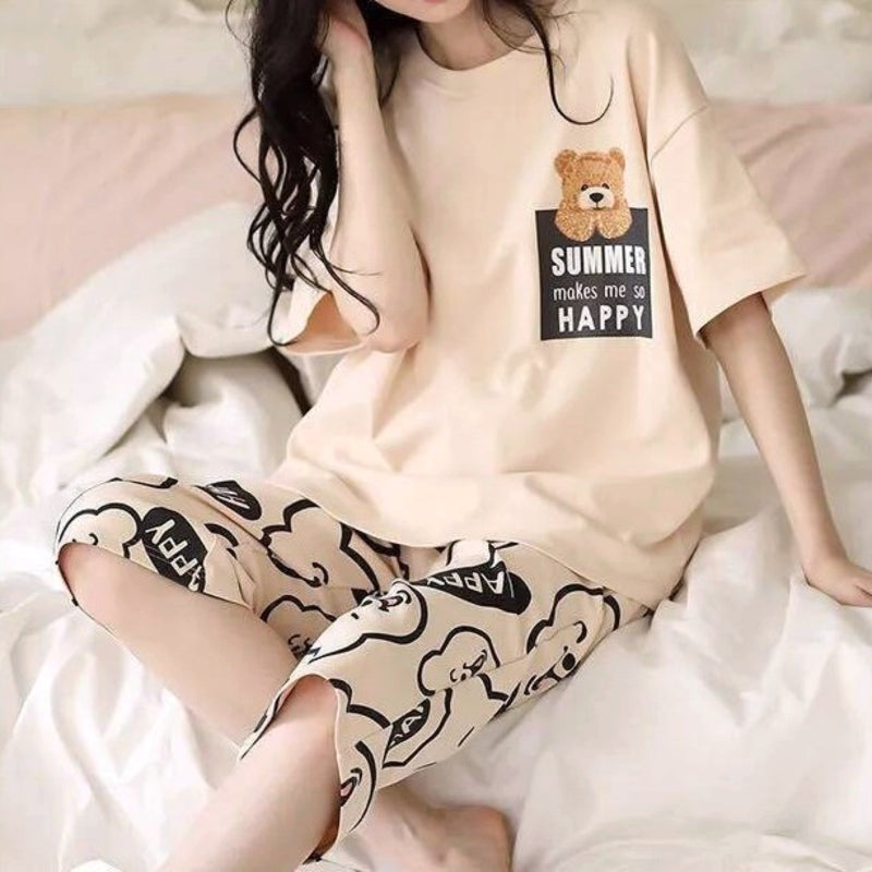 Minimalist Summer 2 Pcs Women 's Short  Sleeve Sleep Set | Color: Beige | Image 1