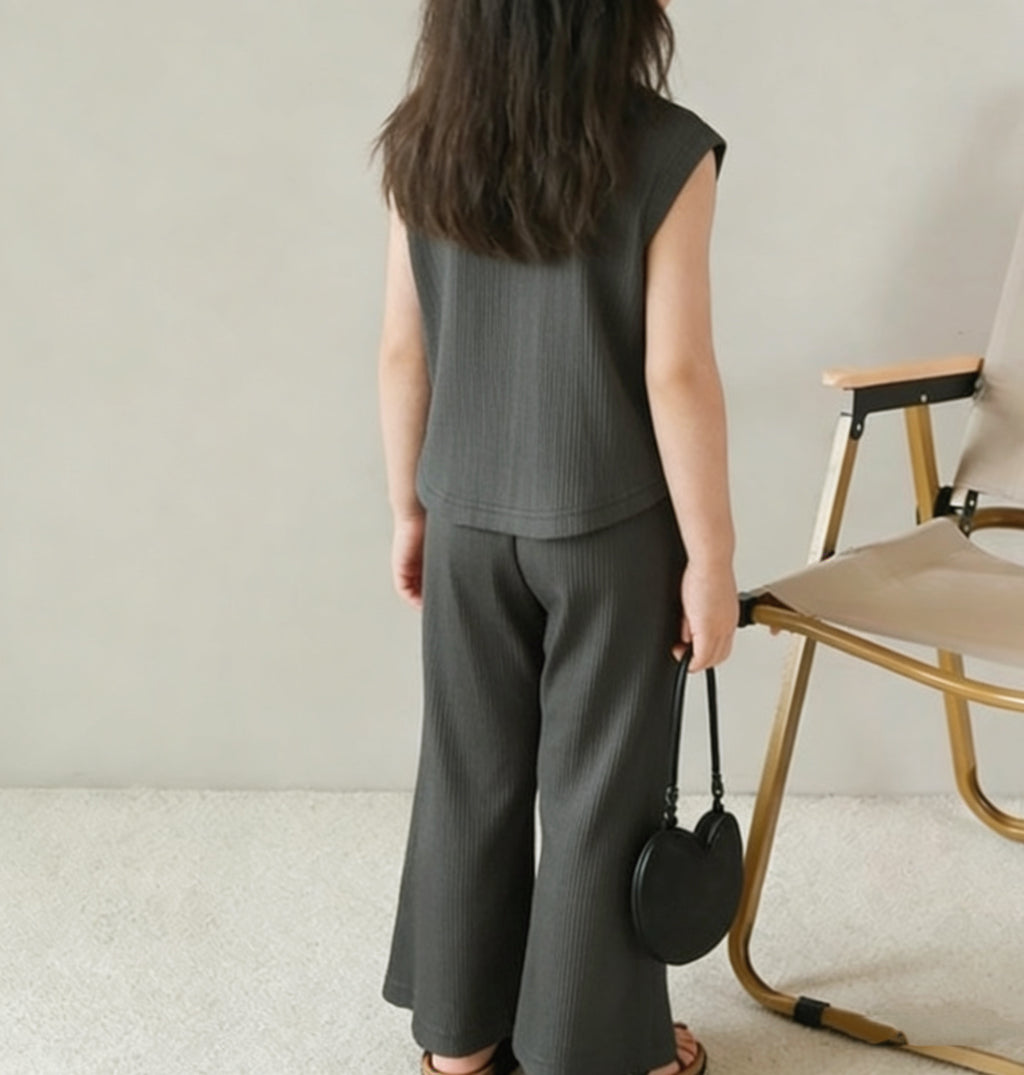 Modern Chic All-Season Minimalist Summer 2-Piece Girls' Pants Suit, Ages 2-9 | Color: Dark Grey | Image 2