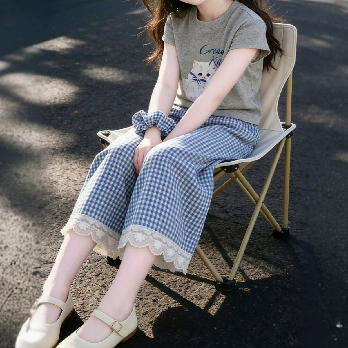 Casual Sporty Summer 2-Piece Girls' Pants Suit, Ages 4-14 | Color: Grey | Image 3