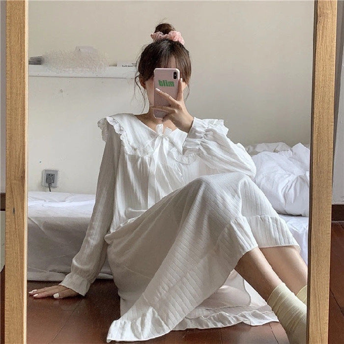 Minimalist All-Season Women 's Long Sleeve Sleep Dress | Color: White | Image 1
