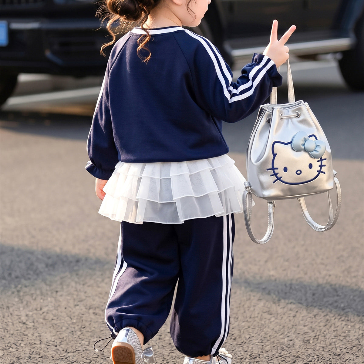 Modern Chic All-Season Casual Sporty Autumn 2-Piece Girls' Pants Suit, Ages 2-9 | Color: Navy | Image 2