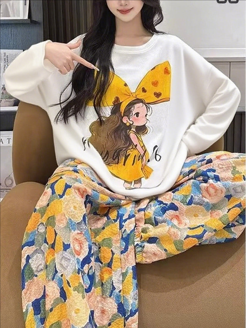 Sweet Feminine All-Season 2 Pcs Women 's Long Sleeve Sleep Set | Color: Style 1 | Image 1
