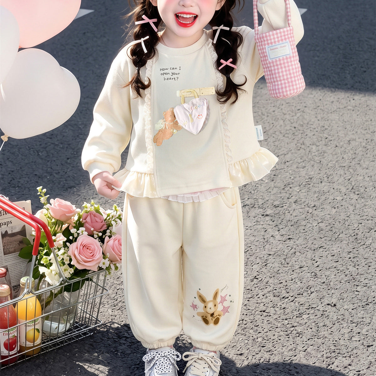 Sweet & Cute Autumn 2-Piece Girls' Pants Suit, Ages 2-9 | Color: Beige | Image 3