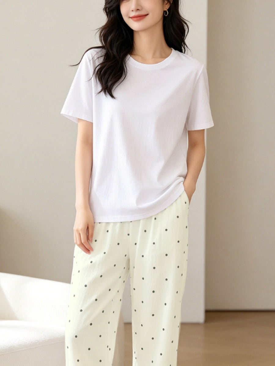 Minimalist Summer 2 Pcs Women 's Short  Sleeve Sleep Set | Color: Style 3 | Image 1