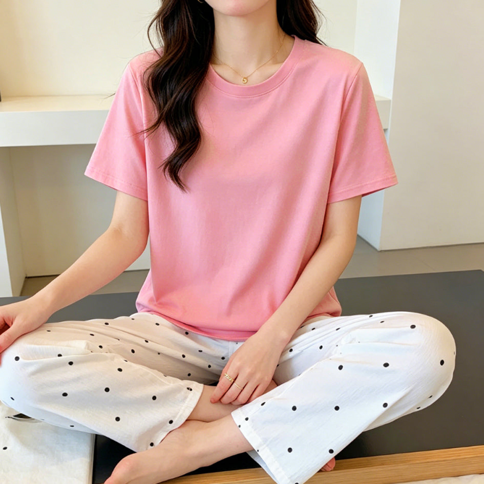 Minimalist Summer 2 Pcs Women 's Short  Sleeve Sleep Set | Color: Style 1 | Image 2