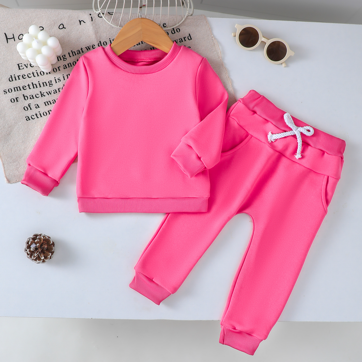 Minimalist Autumn 2-Piece Baby Girls' Pants Suit, Ages 0-24 Months | Color: Rose | Image 1