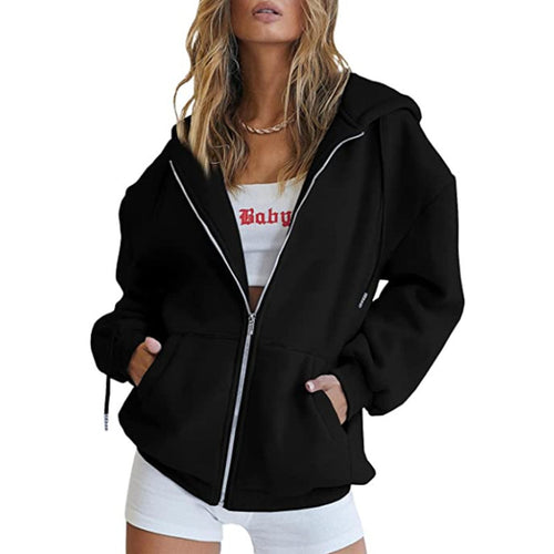Casual Sporty Spring Zip Hoodie | Color: Black | Image 1