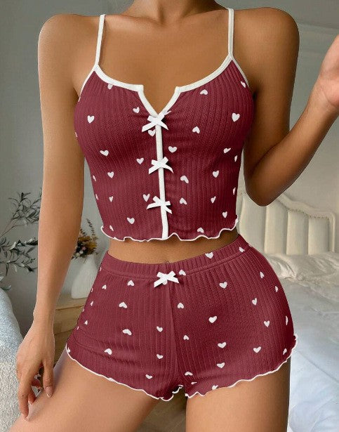 Sexy Summer 2 Pcs Women 's Sleeveless Sleep Set | Color: Deep Red | Image 1