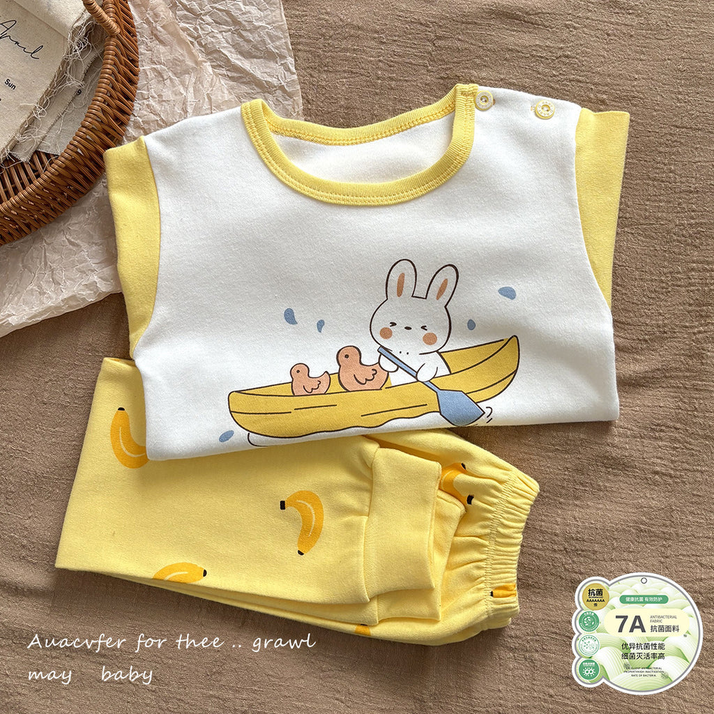 Minimalist Autumn 2-Piece Unisex Kids' Pajama Set, Ages 2-9 | Color: White+Yellow | Image 1