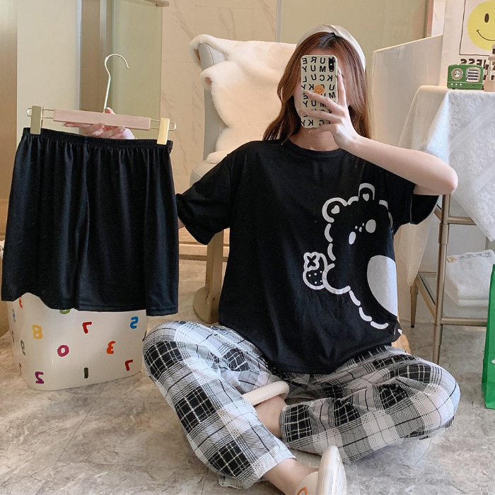 Minimalist Summer 3 Pcs Women 's Short  Sleeve Sleep Set | Color: Midnight Black | Image 1