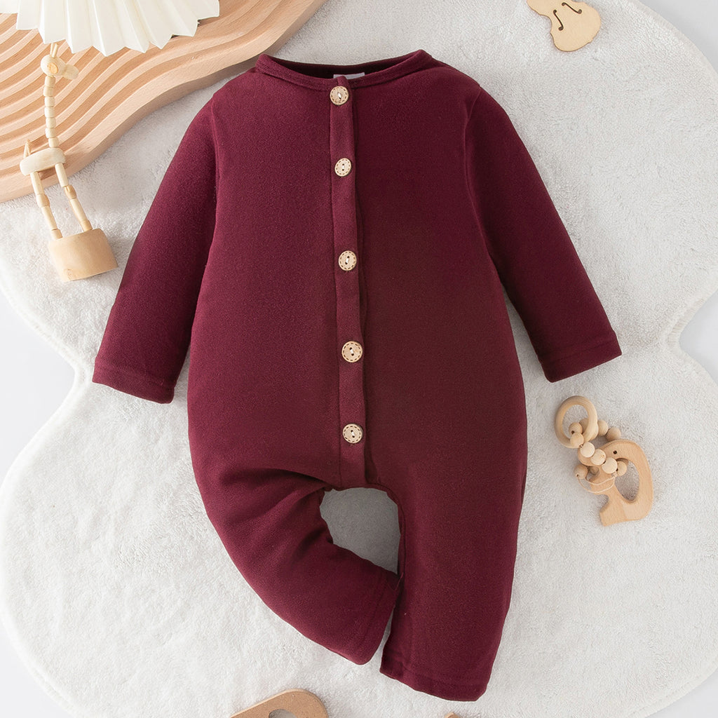 Minimalist Autumn Unisex Baby Jumpsuit, Ages 1-9 Months | Color: Maroon | Image 1