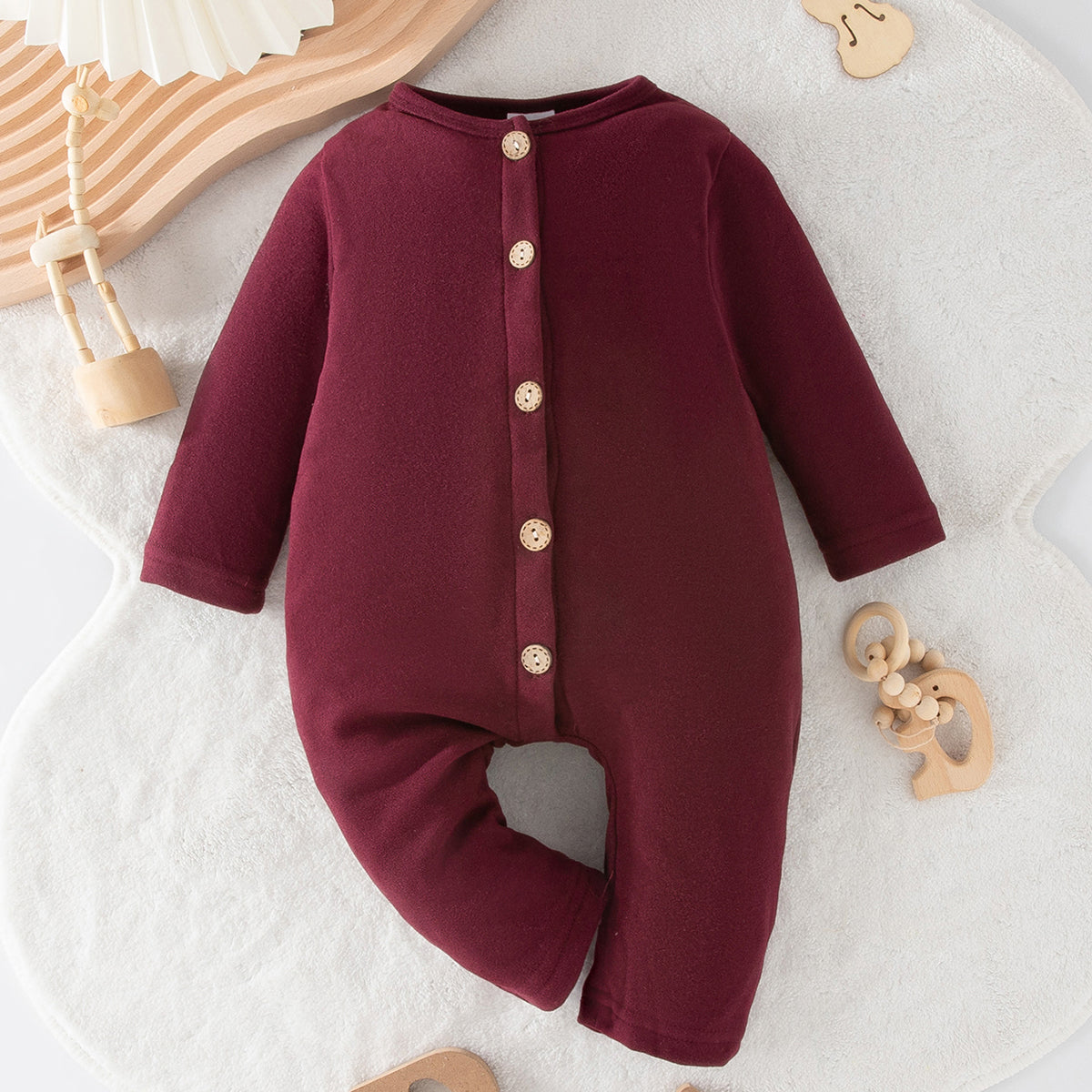 Minimalist Autumn Unisex Baby Jumpsuit, Ages 1-9 Months | Color: Maroon | Image 1